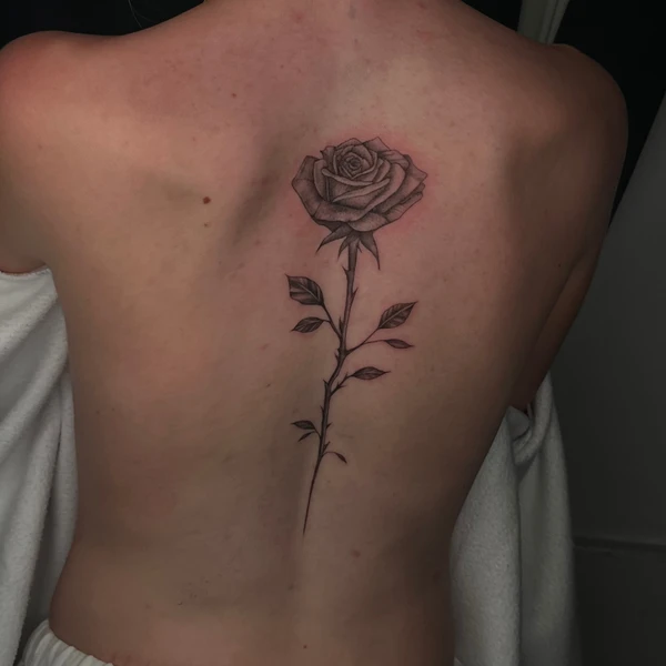 Rožės tattoo per nugaros centrą